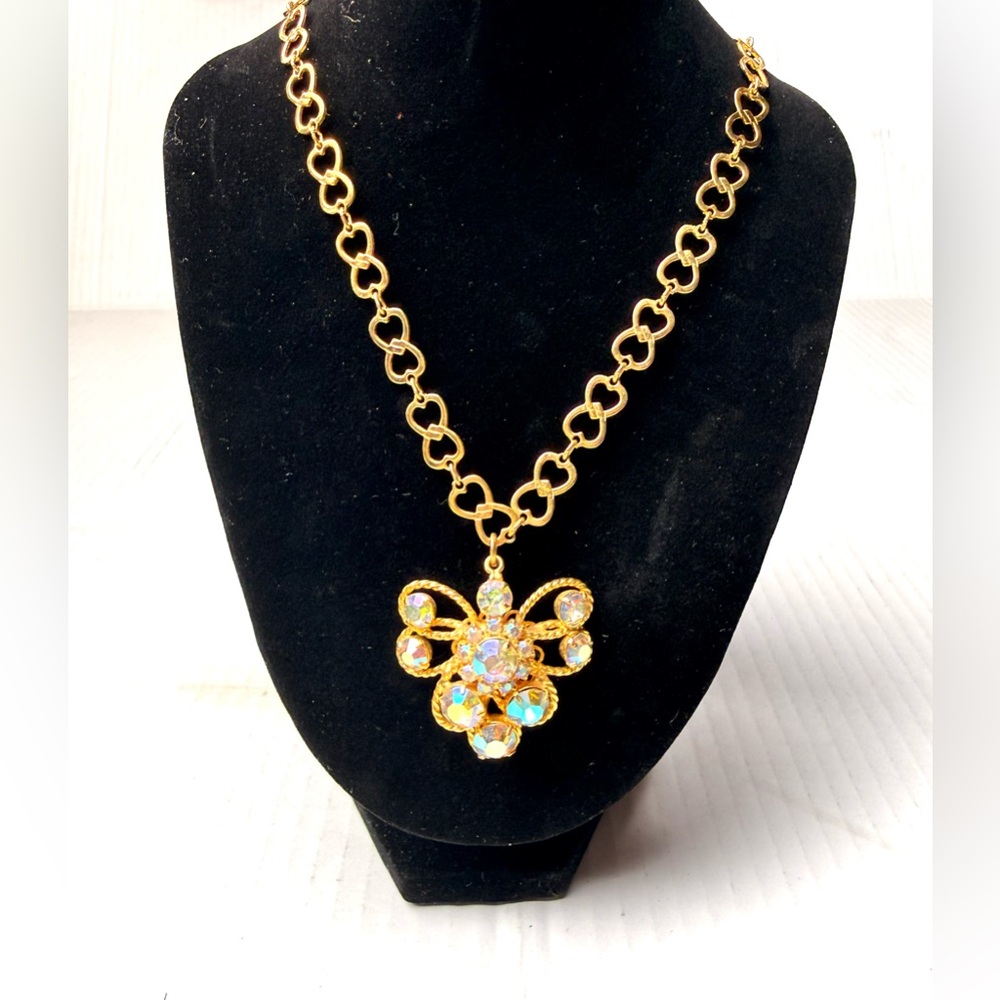 Crystal Butterfly Pendant Necklace Gold Tone Iridescent Aurora Borealis Heart